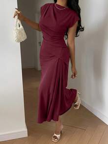 Serisse 女士优雅纯色收腰长连衣裙，夏季 - 酒紅色 - 查看 5