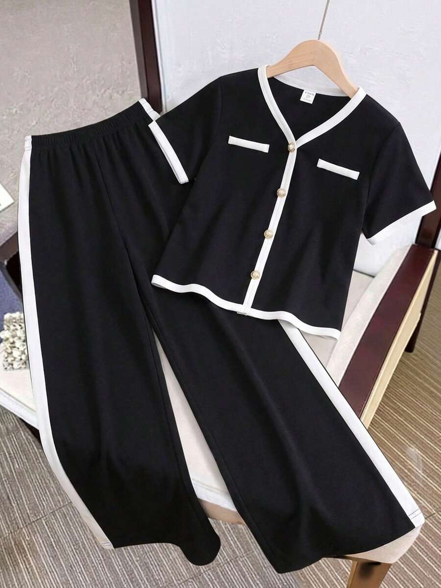 SHEIN Bộ đồ đôi cho bé gái tuổi teen gồm áo sơ mi ngắn tay cổ chữ V phối màu tương phản và quần dài, thích hợp cho mùa tựu trường, thanh lịch khi đi làm, nữ tính. - Đen và trắng - Xem 1