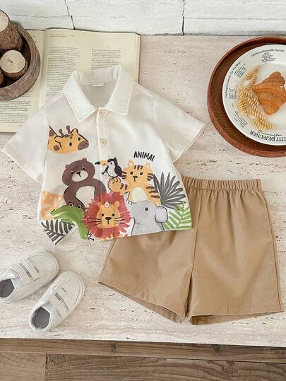 男婴撞色梭织休闲衬衫短裤两件套