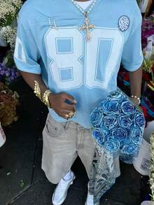 Manfinity Dauomo Camiseta casual de cuello redondo de manga corta con estampado numérico para hombre - Azul - Ver 1