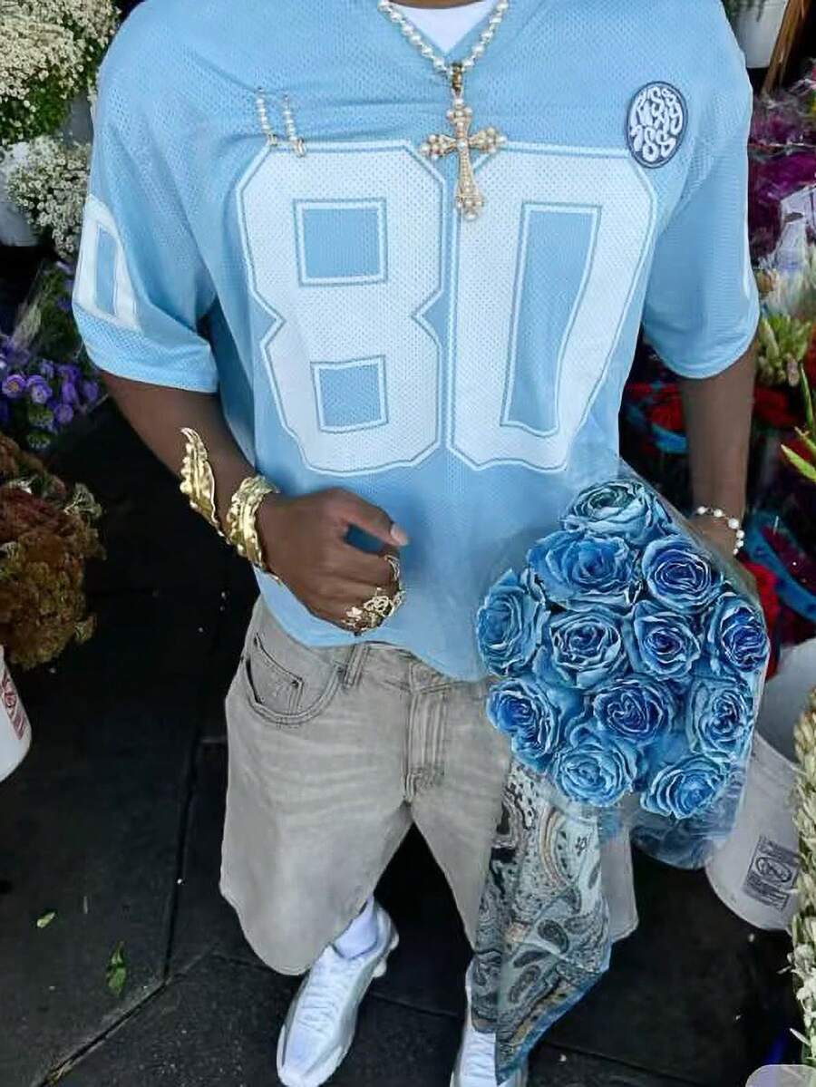 Manfinity Dauomo Camiseta casual de cuello redondo de manga corta con estampado numérico para hombre - Azul - Ver 1