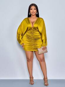 SOLERSUN Vestido mini ajustado de mujer de talla grande, elegante y de fiesta, de unicolor, con escote en V profundo, drapeado y cintura recogida, para uso diario y citas casuales, ropa de mujer sexy y romántica para Navidad, ropa de mujer para otoño e invierno, de telas brillantes - Mostaza Amarilla - Ver 4