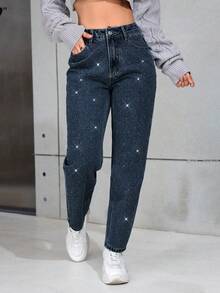 SHEIN PETITE Women's Casual Everyday Rhinestone Embellished Slant Pocket Tapered Leg Jeans - Dark Wash - View 4