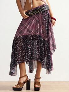 Bohemela 波西米亚风休闲度假针织网眼格子印花拼接宽松不对称下摆女裙 - 彩色 - 查看 6