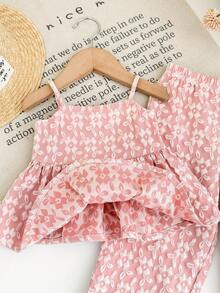 SHEIN LMoss Kids Babygirl Cute Ditsy Floral Camisole Top And Elastic Waist Pants Set, Summer - Pink - View 4