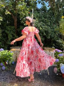Lyrianda Abito lungo elegante e vintage con spalle scoperte e maniche a palloncino, taglie comode - Rosa - Visualizzare 2