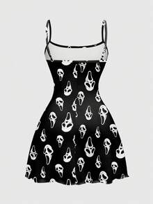 ROMWE Đầm ôm sát gợi cảm, dây mảnh, cỡ lớn, họa tiết ma quỷ, phong cách Gothic đen tối, quyến rũ. - màu đen - Xem 2