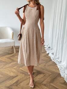 SHEIN LUNE 女士休闲格子撞色无袖中长连衣裙，春夏日常基本款 - 卡其色 - 查看 4