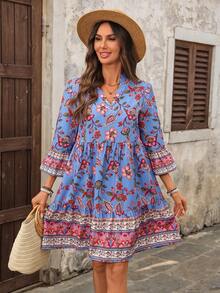 EMERY ROSE 女士碎花印花V领荷叶边下摆休闲迷你连衣裙 - 彩色 - 查看 7