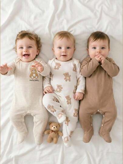 Souflis Souflis 3pcs Newborn Long Sleeve Footed Jumpsuit Set, Cartoon Bear Pattern Knit Pajamas Newborn Neutral Outfit Baby Bear Clothes Newborn Baby Layette Set Neutral Baby Clothes Unisex