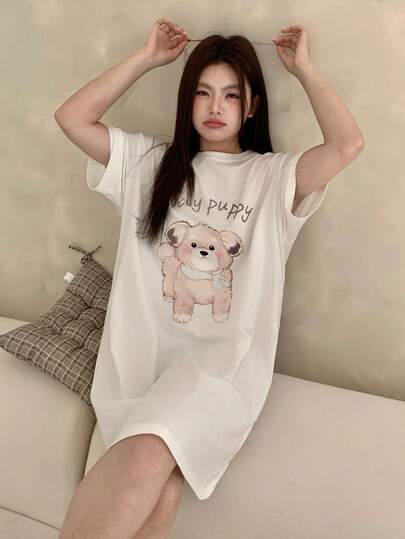 Dazy Plus Loose Fit Cartoon Bear Print Round Neck Nightgown, White, Comfortable Home Wear For Spring/Summer