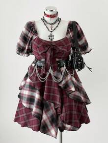 Sunspun 大码格子印花长袖不对称下摆半身裙 - 酒紅色 - 查看 4