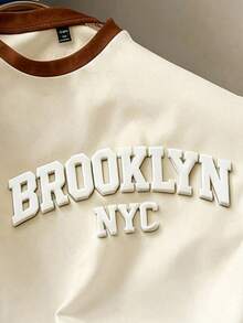 Manfinity Joysei Standard Size Men's 3D Brooklyn Letter Contrast Color Cuff Splice T-Shirt, Spring - Beige - View 2