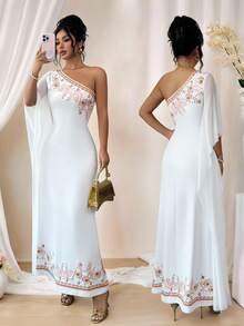 Rafferiza Women's Spring/Summer/Autumn Middle East Off-The-Shoulder Printed Splice Net Dress, Slim And Elegant, Flow And Majestic Long Dress - White - View 7