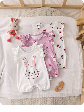 SHEIN Conjunto de 3 peças para bebê recém-nascida, com body de tricô estampado com desenho animado, ideal para o verão.