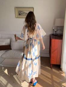 DAZY 少女印花方领荷叶袖撞色蕾丝收腰度假沙滩连衣裙，夏季