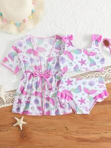 3件套女婴美人鱼图案卡通泳衣套装，沙滩度假 - 彩色 - 查看 4