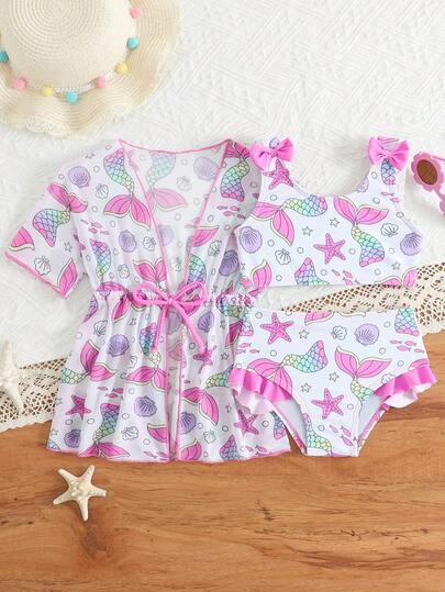 3件套女婴美人鱼图案卡通泳衣套装，沙滩度假