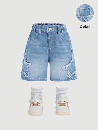 SHEIN Baby Boy Summer Casual Cute Star Patchwork Loose Fit Baggy Blue Denim Long Shorts,Baby Spring/Summer Spring Break Streetwear