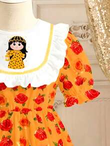 Robe à col rond à manches courtes avec imprimé floral et figuratif pour bébé fille - Multicolore - Voir 5