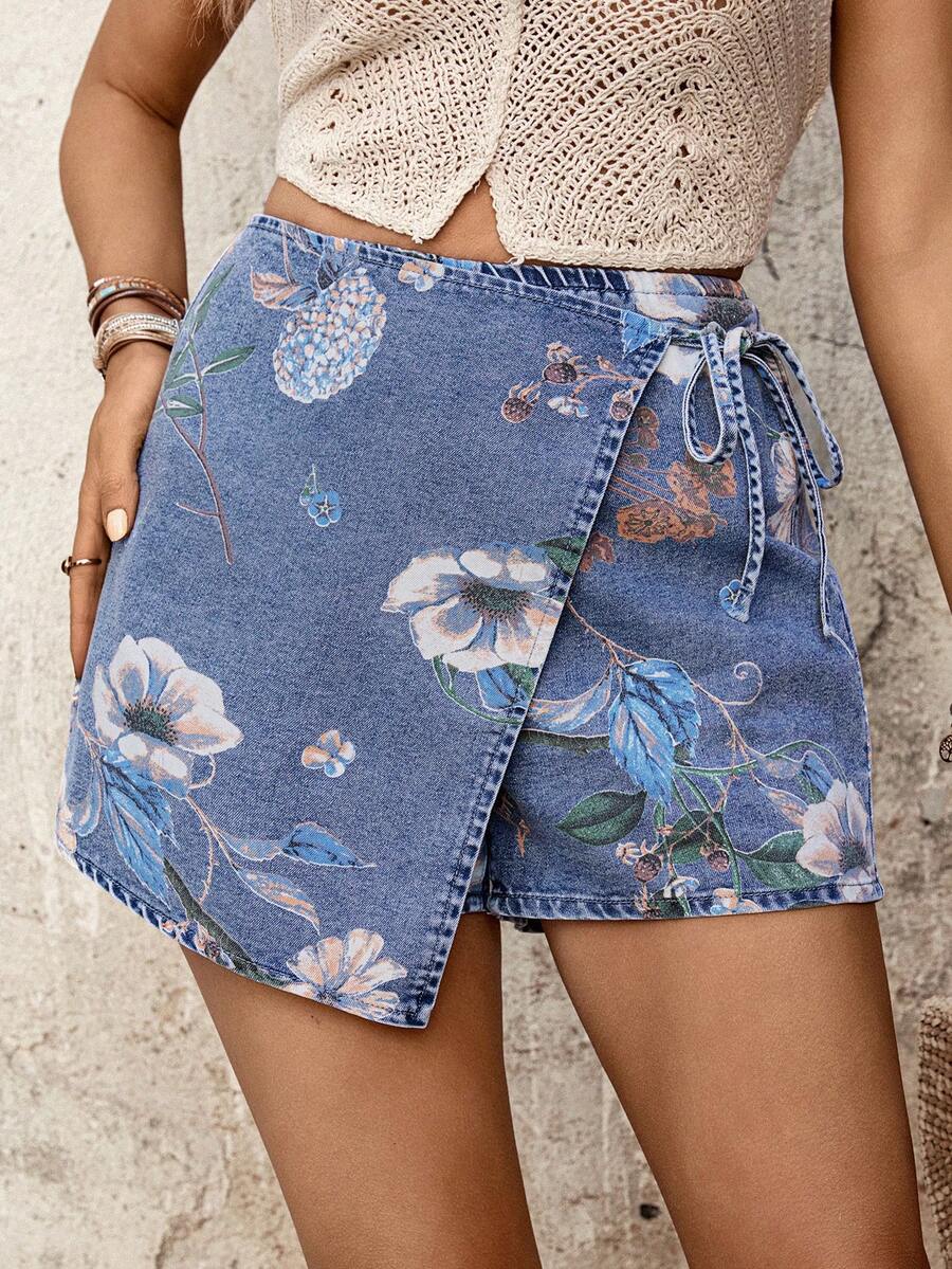 EMERY ROSE 女士印花裹身系带腰部休闲牛仔裙裤 - 藍色 - 查看 1