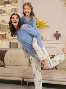 女童休闲柔软针织长袖圆领上衣和宽松印花长裤两件套睡衣 - 淺藍色 - 查看 4