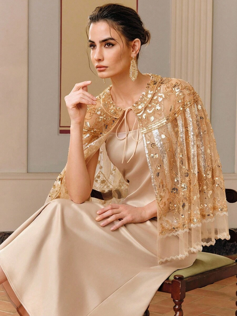 Anewsta 女士新款优雅派对串珠披肩，金色 - 杏色 - 查看 1