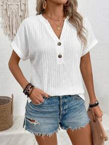 SHEIN LUNE Áo thun nữ tay cánh dơi cổ khoét màu trơn, thường ngày, mùa hè - trắng - Xem 5