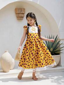 Young Girls Yellow Floral Dress With Blue Butterfly,Summer 7th Birthday Outfit,White Lace Patchwork Sleeveless Ruffle Hem Vintage Tea Party Sundress - Yellow - View 6