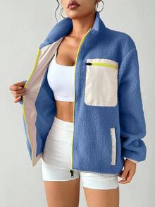 Exploreva Áo khoác thể thao dài tay phối màu tương phản có khóa kéo dành cho nữ, thời trang cho mùa thu/đông. - Xanh đậm - Xem 3