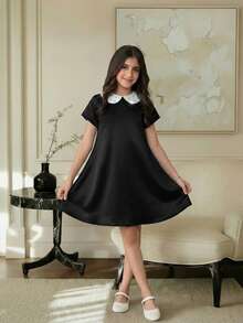 SHEIN Tween Girls Black & White Contrast Collar A-Line Dress, Cute & Sweet For Casual, Holiday, Party Wear - Black and White - View 3