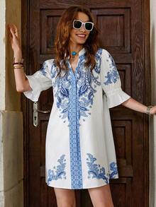 Solivie 女士中袖印花情人节春夏连衣裙，情人节套装 - 藍白色 - 查看 5