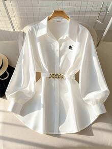 GlowEve Women's Elegant Embroidered Lantern Sleeve Open Front Blouse, Spring/Autumn - White - View 1