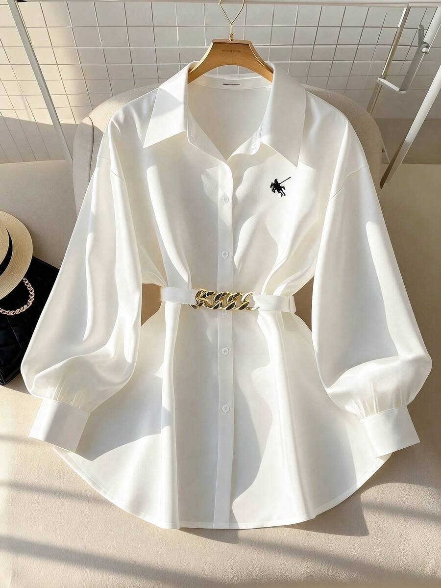 GlowEve Women's Elegant Embroidered Lantern Sleeve Open Front Blouse, Spring/Autumn - White - View 1