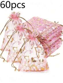 120/60/30/10个装红色爱心图案欧根纱束口袋，节日惊喜礼品袋，婚礼回礼袋，伴娘礼物，宾客回礼，珠宝收纳袋，沐浴礼品袋，单身派对礼物袋，糖果礼品网眼束口袋，适用于节日、婚礼、浪漫惊喜等场合。 - 粉紅鏤空愛心網袋 - 查看 9