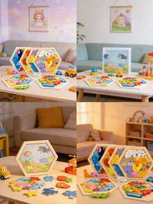1件装木制创意3D拼图积木，包含交通、动物和水果图案，兼具认知和拼图功能，创意主题卡通叠叠乐玩具 - 彩色 - 查看 18