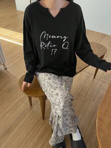 DAZY 2pcs Women Floral Print V-Neck Loose Long Sleeve T-Shirt And Pants Pajama Set - Black - View 4