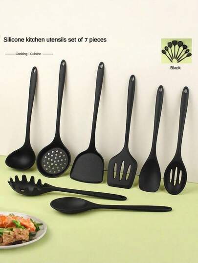 7 Parçalı Ev Tipi Silikon Mutfak Pişirme Seti: Spatula, Kepçe, Delikli Spatula, Kızartma Spatulası, Makarna Kaşığı, Salata Spatulası, Bal Spatulası, Siyah