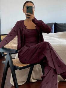 DAZY 3pcs Bow Print All-Over Allover Print Camisole & Pants Pajama Set For Women, Spring - Burgundy - View 3