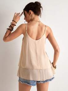 Freevana 波西米亚风V领吊带蕾丝拼接宽松雪纺上衣，轻盈飘逸，休闲百搭，杏色 - 杏色 - 查看 2