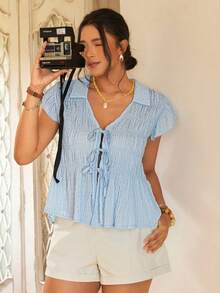 Freevana Plus Size Summer Minimalist Solid Color Textured Front Tie Shirt - Baby Blue - View 4