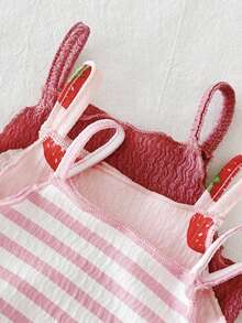 SHEIN Vintaside Kids 3件套女婴舒适百搭简约纯色针织吊带连体衣套装，春夏款 - 粉色 - 查看 4