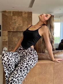 SHEIN 2pcs Sexy Asymmetrical Camisole & Wide Leg Pants Pajama Set, Cow Print - Multicolor - View 8