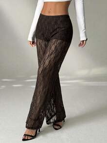 SHEIN PETITE Women's Elastic Waist Floral Lace Straight Loose Fashion Pants Lace Pants See Through Pants - Brown - View 5