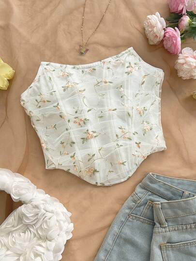 Soleia Women's Strapless Floral Embroidered Crop Top, Romantic Pink Floral, Suitable For Vacation And Valentine's Day