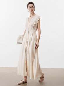 Aalyst Đầm maxi nữ màu trơn cổ chữ V, eo xếp ly, cạp chun điều chỉnh được, cài cúc phía trước, có túi, không tay, kiểu Pháp cổ điển thanh lịch, thích hợp cho công sở, đi làm, kinh doanh, thường ngày, nghỉ lễ, tiệc trà chiều, dạo phố, phong cách retro đơn giản, phong cách Úc thư giãn, bohemian, thường nhật, mùa xuân/hè. - Màu be - Xem 6