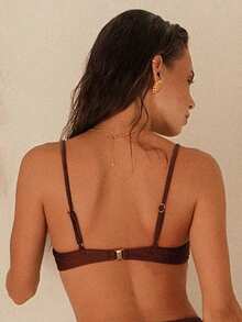 Swim Chiccia Solid Color Underwire Detachable Padded Swimwear Top With Metal Decor, Suitable For Beach, Vacation, Casual Push Up Bikini Top Bikini Top Push Up Brown Bathing Suit Women Brown Bikini Top Push Up Bra Swimsuit - Coffee Brown - View 2