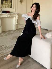 DAZY Elegant Dress For Women, Patchwork Color Block Ruffle Open Shoulder Cinched Waist, Suitable For Banquet In Spring And Autumn Sundress Off The Shoulder - Black - View 7