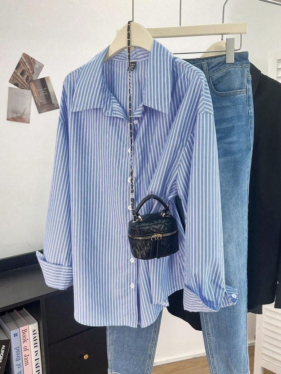 Franclia Áo sơ mi dệt kẻ sọc dáng rộng, cỡ lớn, thích hợp cho mùa Thu/Đông. - Màu xanh hải quân - Xem 1