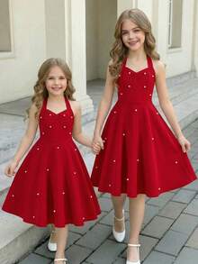SHEIN Vestido elegante con cuello de halter con cuentas para niñas preadolescentes - Rojo - Ver 2